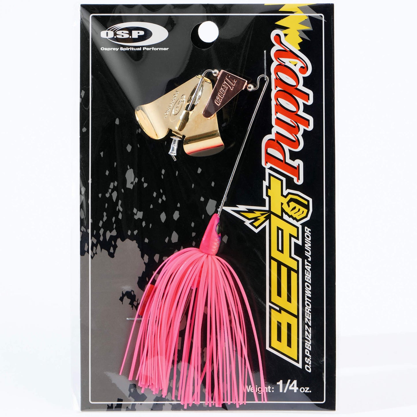 Close up of the OSP Buzz Zero Two Beat Junior Puppy Buzzbait in the color Punch Pink on a white background