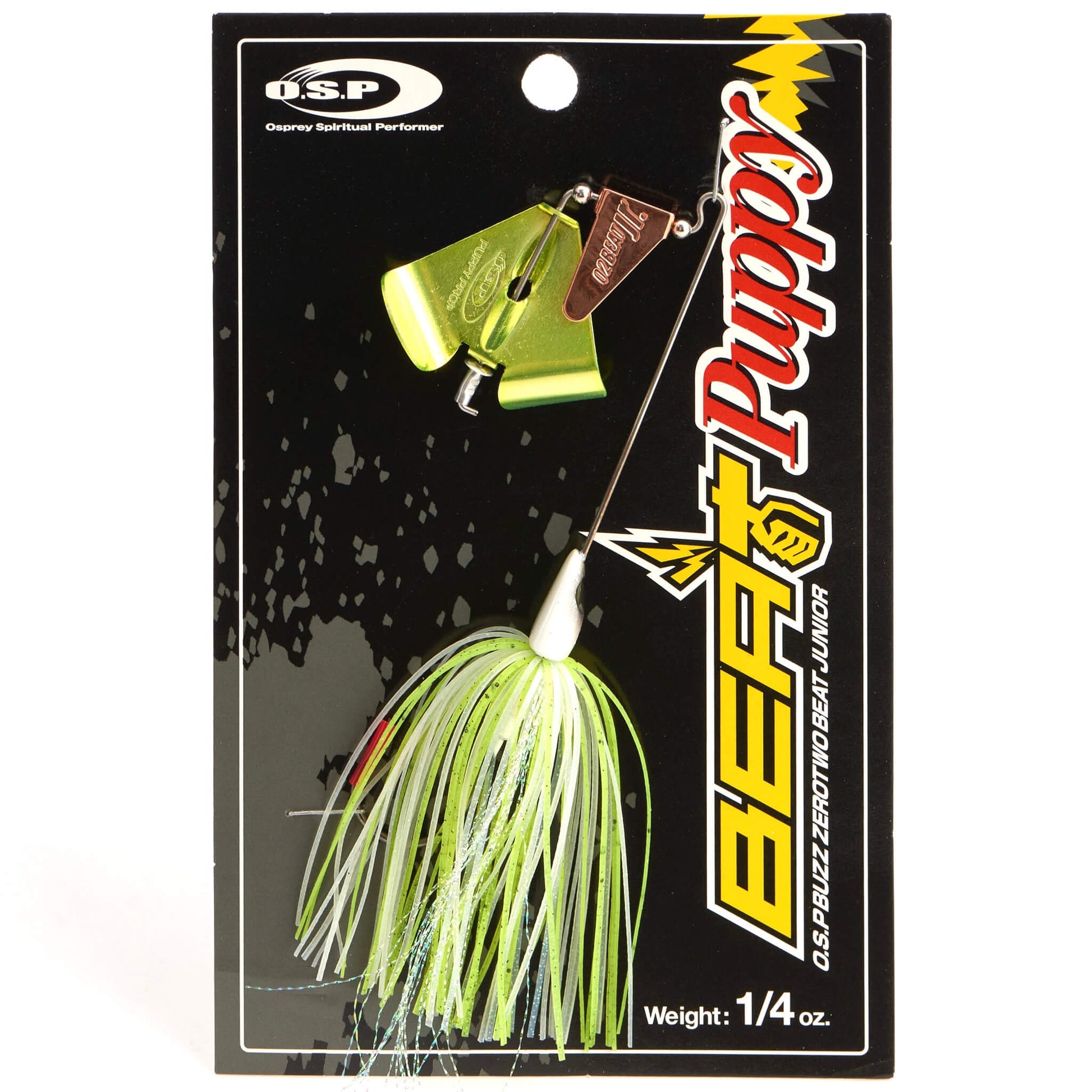 Close up of the OSP Buzz Zero Two Beat Junior Puppy Buzzbait in the color Spark White Chart on a white background