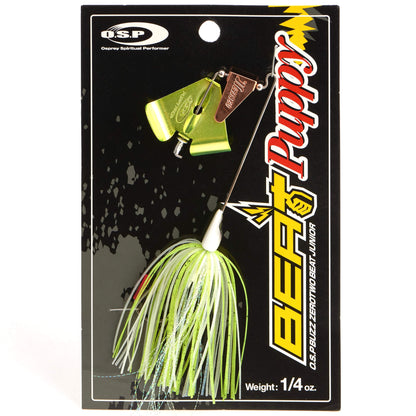 Close up of the OSP Buzz Zero Two Beat Junior Puppy Buzzbait in the color Spark White Chart on a white background