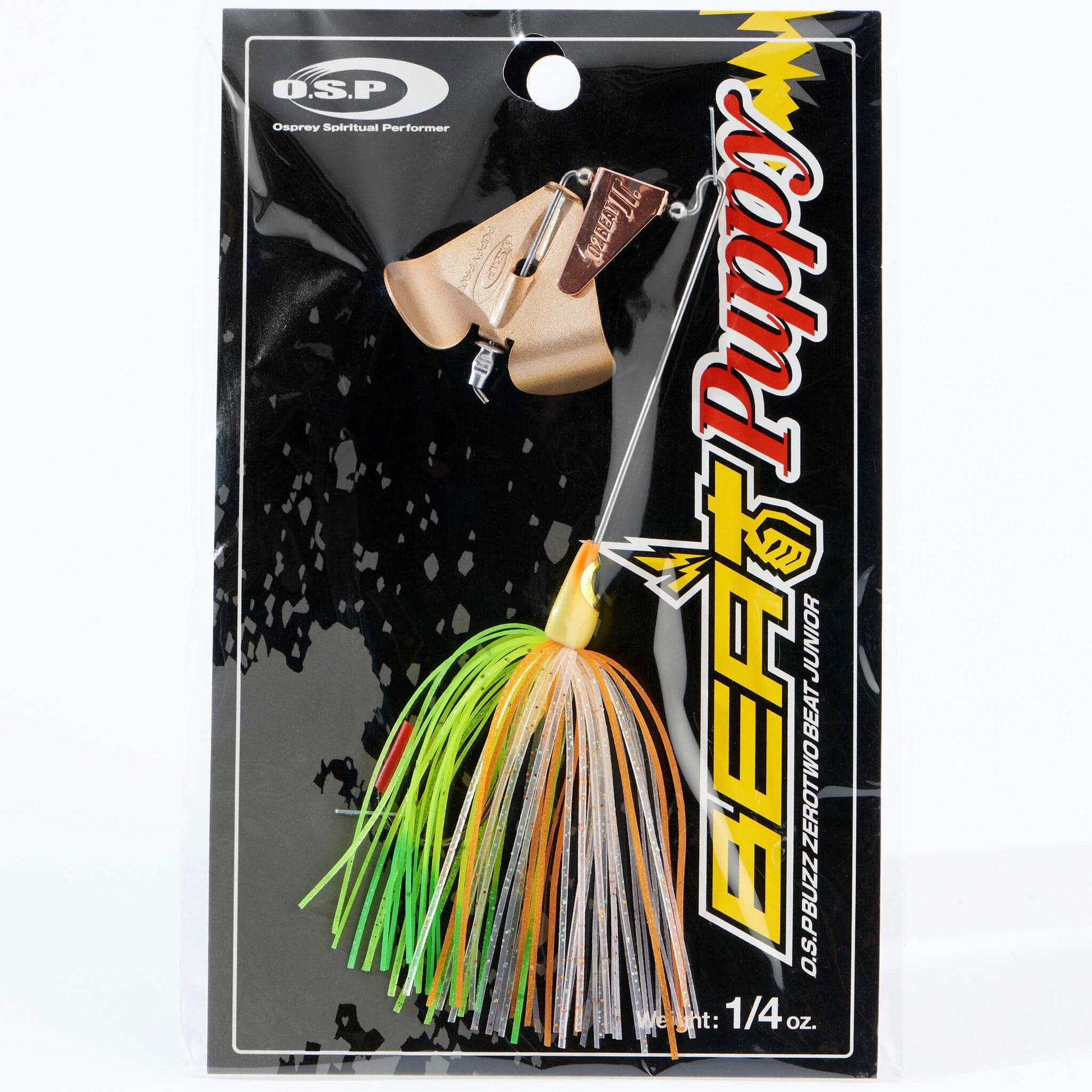 Close up of the OSP Buzz Zero Two Beat Junior Puppy Buzzbait in the color Vegetable on a white background