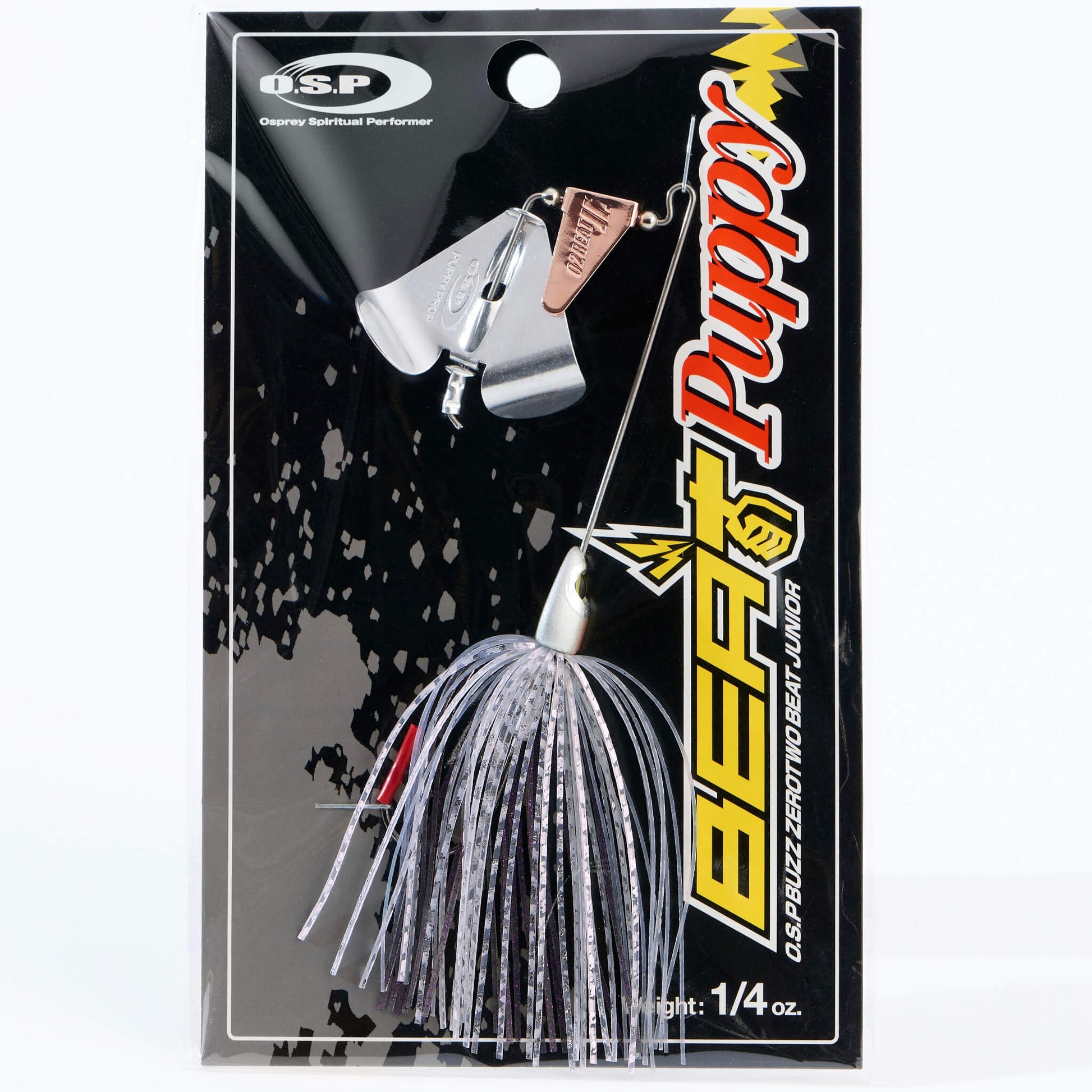 Close up of the OSP Buzz Zero Two Beat Junior Puppy Buzzbait in the color Wakasagi Flash on a white background