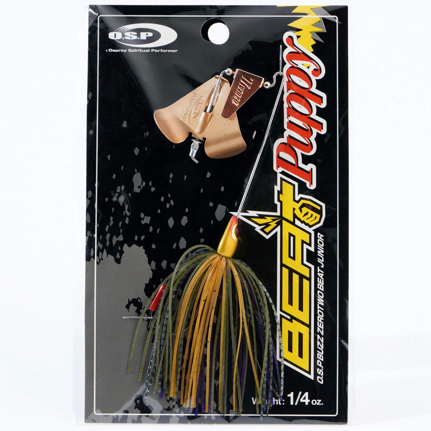 Close up of the OSP Buzz Zero Two Beat Junior Puppy Buzzbait in the color Wild Gill on a white background