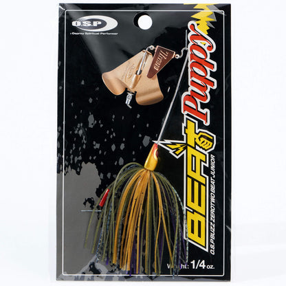 Close up of the OSP Buzz Zero Two Beat Junior Puppy Buzzbait in the color Wild Gill on a white background