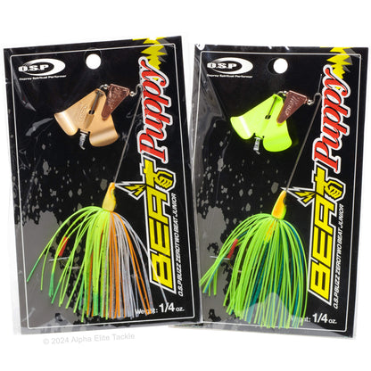 Close up of two packages of the OSP Buzz Zero Two Beat Junior Puppy Buzzbait on a white background