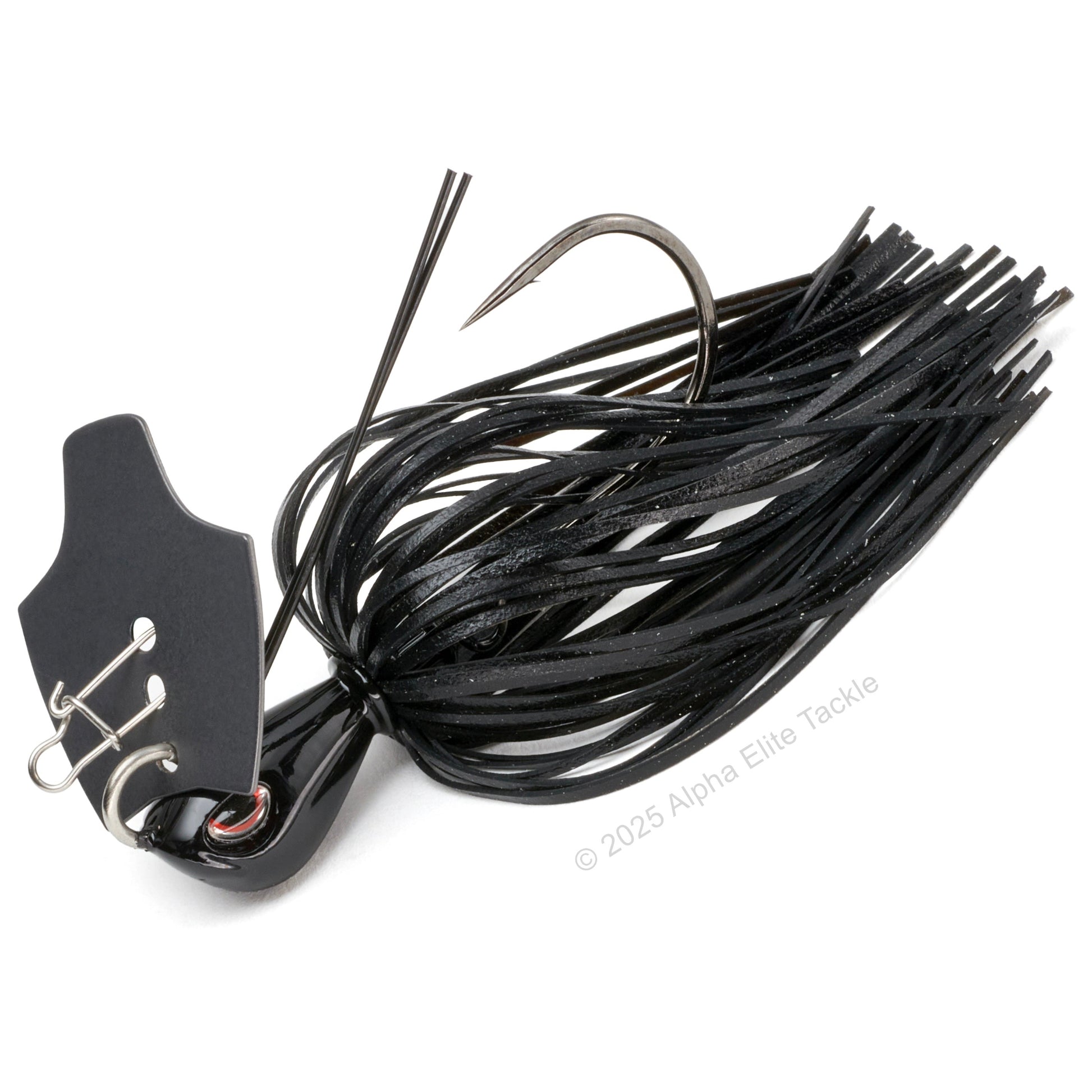Close up of the OSP Metal Blade Jig in the color Black on a white background