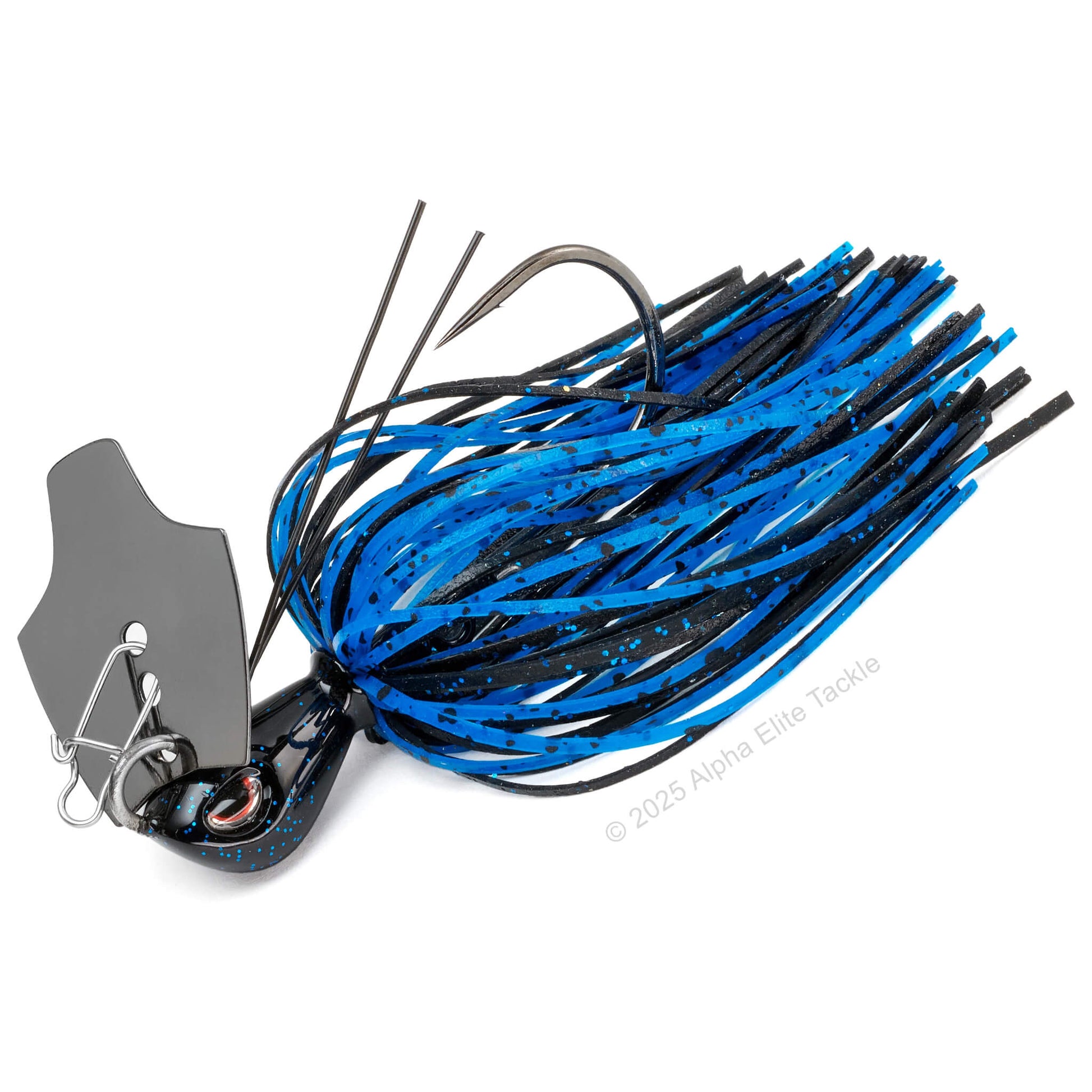 Close up of the OSP Metal Blade Jig in the color Blue Black on a white background