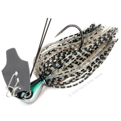 Close up of the OSP Metal Blade Jig in the color Blue Gill on a white background