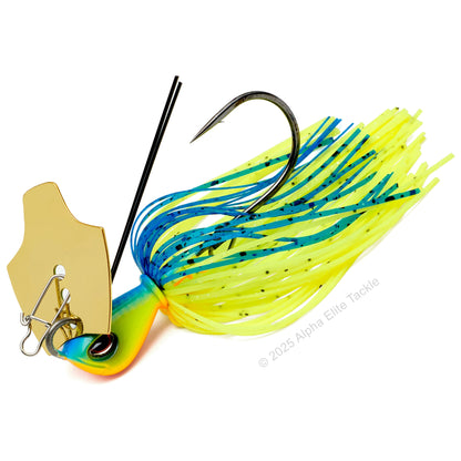 Close up of the OSP Metal Blade Jig in the color Chart Blue Back on a white background