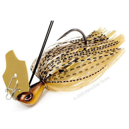 Close up of the OSP Metal Blade Jig in the color Golden Shiner on a white background