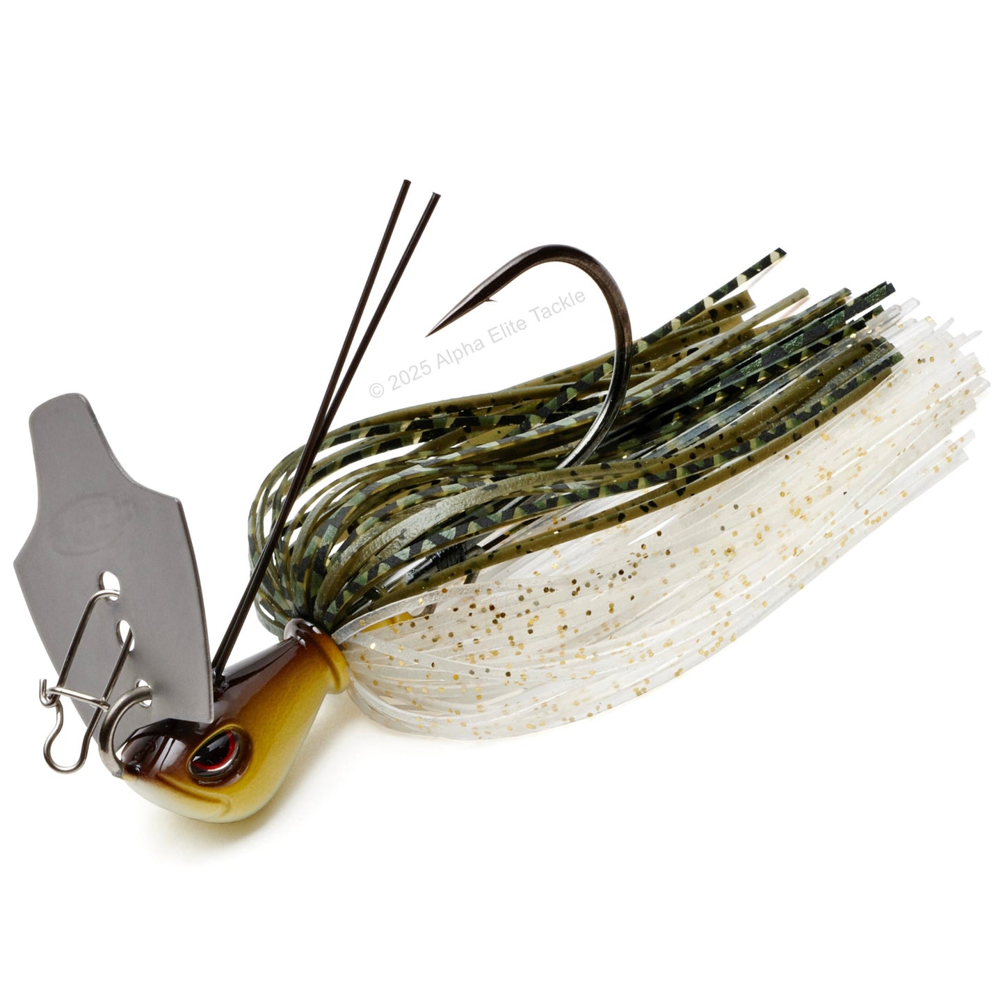 Close up of the OSP Metal Blade Jig in the color Green Pumpkin Shad on a white background