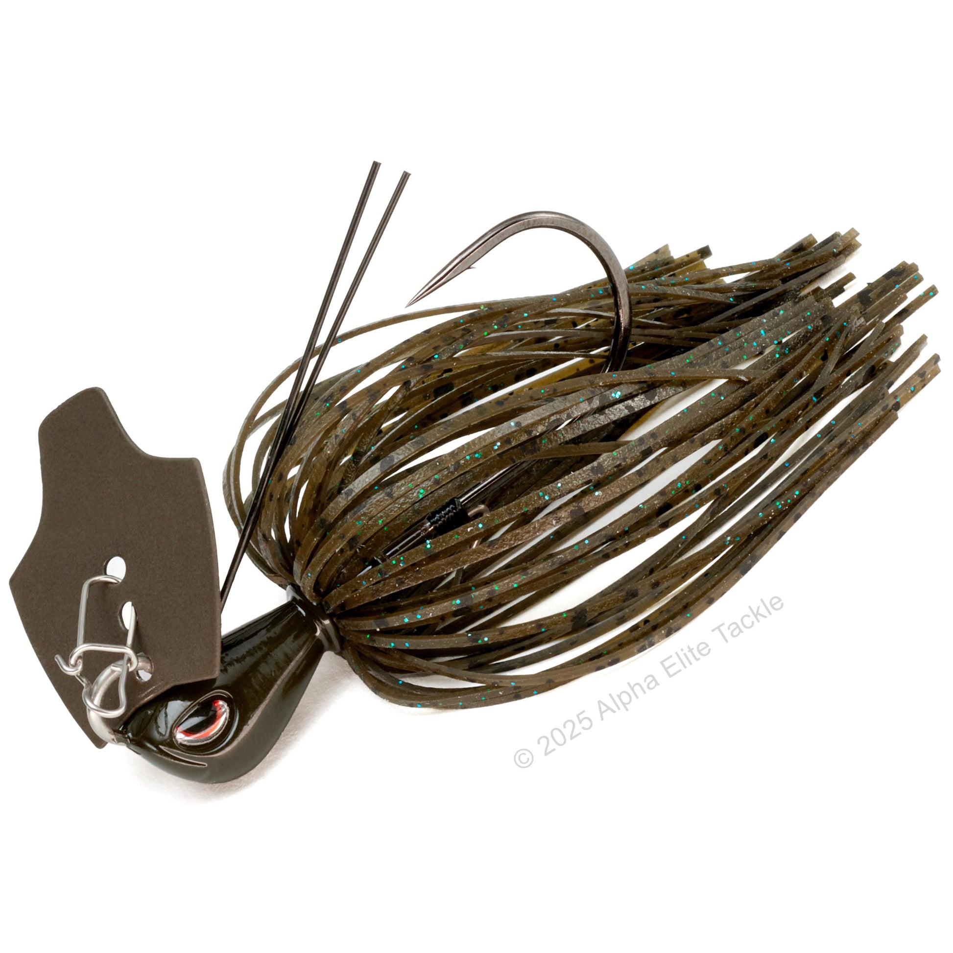 Close up of the OSP Metal Blade Jig in the color Green Pumpkin on a white background
