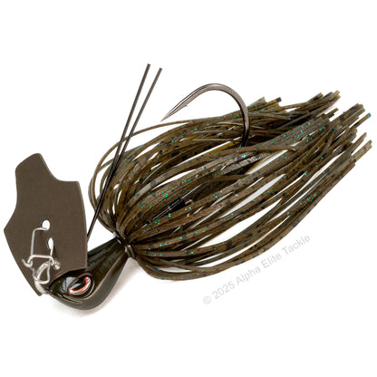 Close up of the OSP Metal Blade Jig in the color Green Pumpkin on a white background