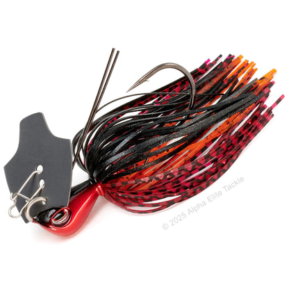 Close up of the OSP Metal Blade Jig in the color Red Black on a white background