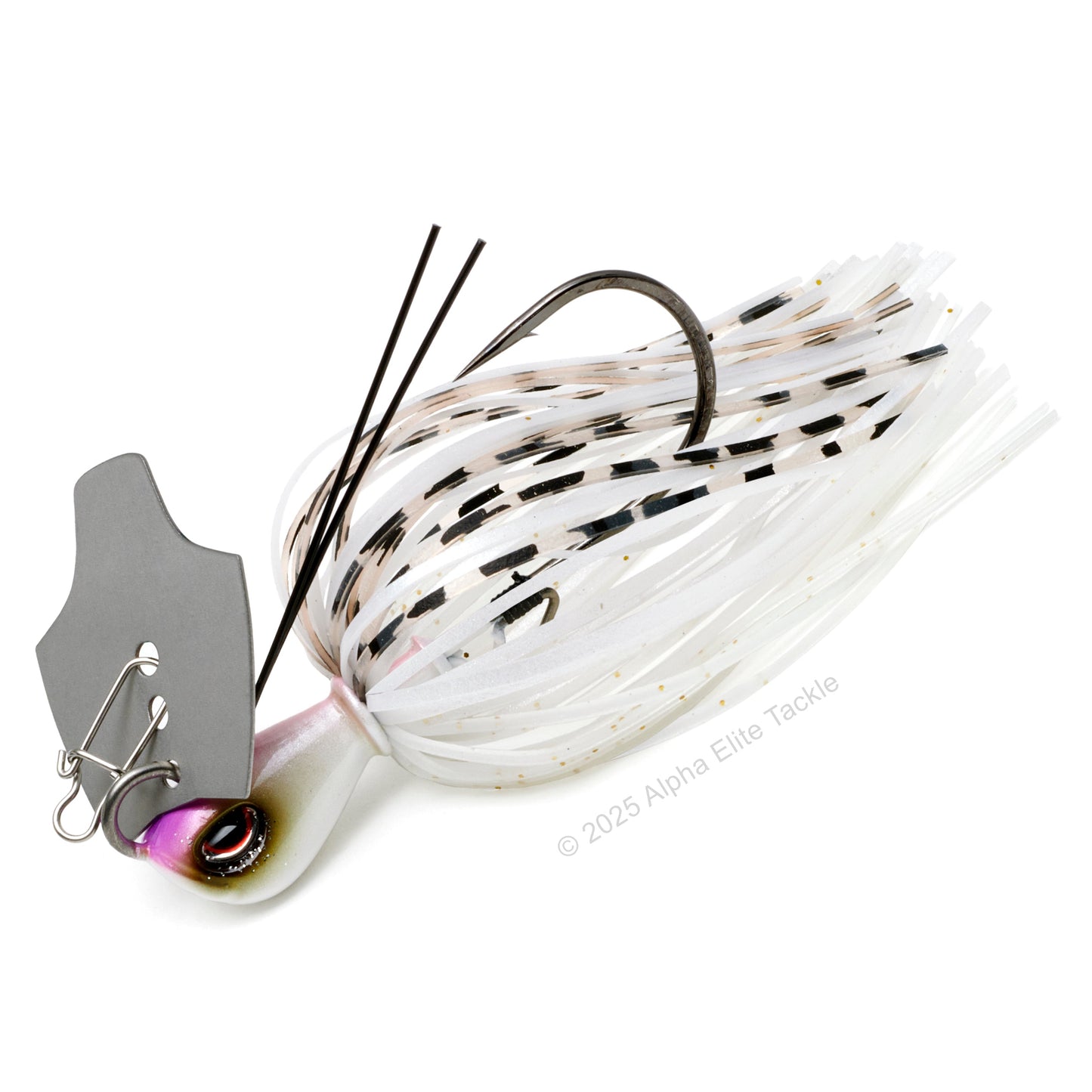 Close up of the OSP Metal Blade Jig in the color Vivid Pearl White on a white background
