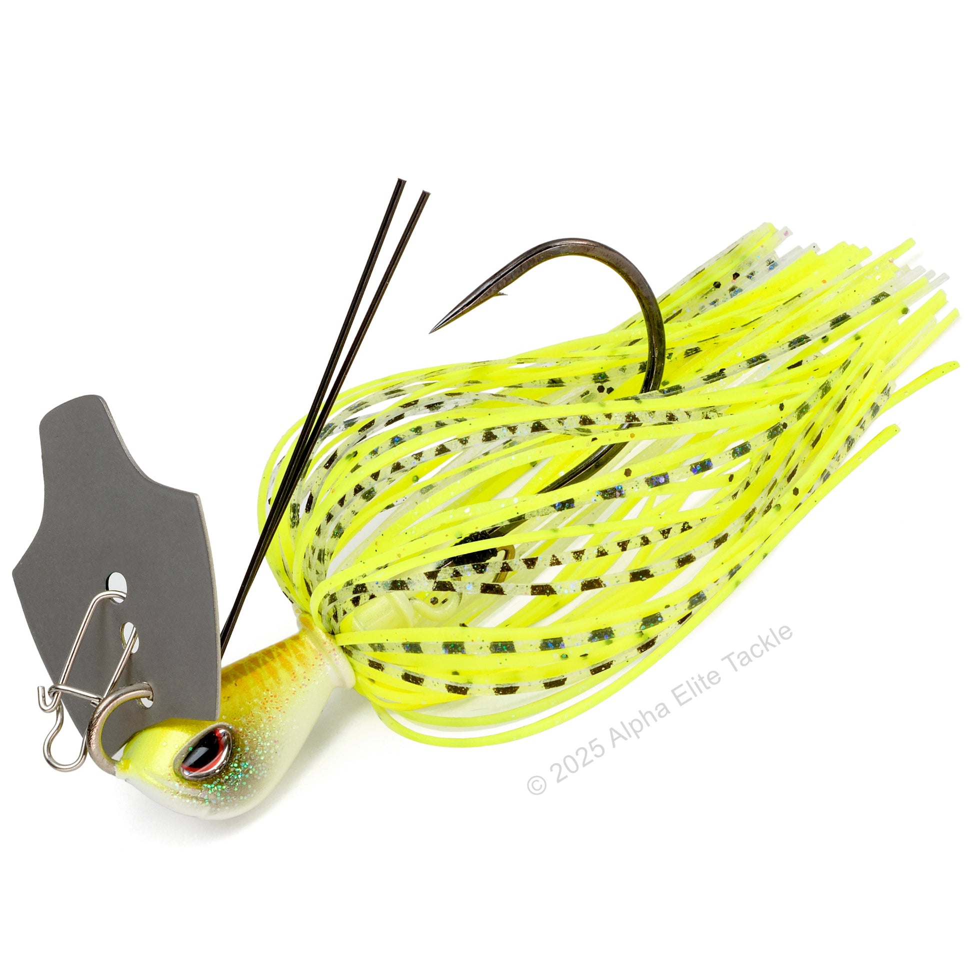 Close up of the OSP Metal Blade Jig in the color White Chart on a white background