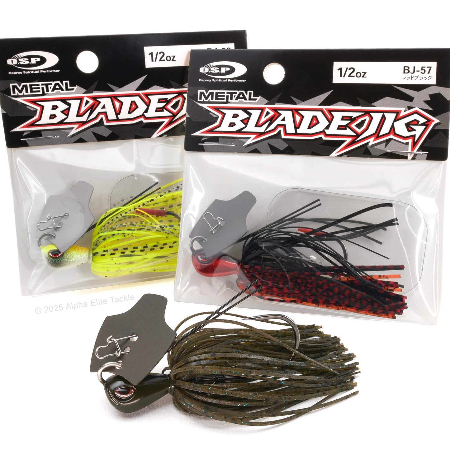Two packages of OSP Metal Blade jig fishing lures with visible branding on a white background.