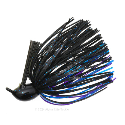Close up of one OSP Zero One Jig in the color Black Blue Purple on a white background.