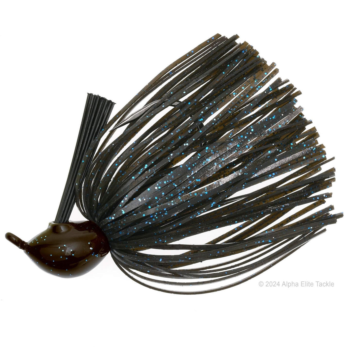 Close up of one OSP Zero One Jig in the color Green Pumpkin Blue Flake on a white background.