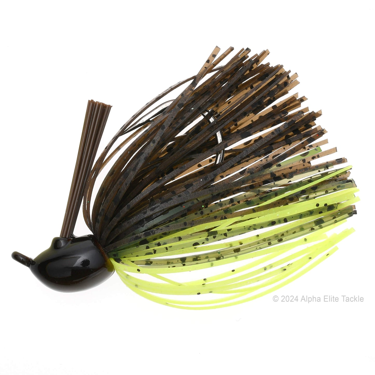 Close up of one OSP Zero One Jig in the color Green Pumpkin Chart on a white background.