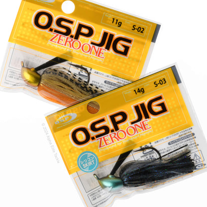 Close up of two OSP Zero One Jigs in their packages on a white background