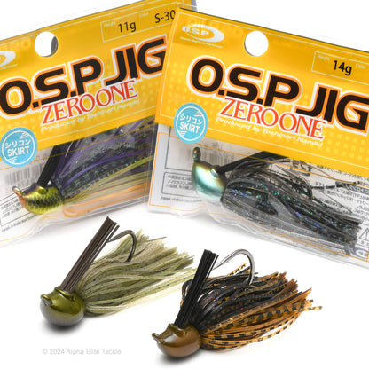 Close up of four OSP Zero One Jigs of which two are in packages