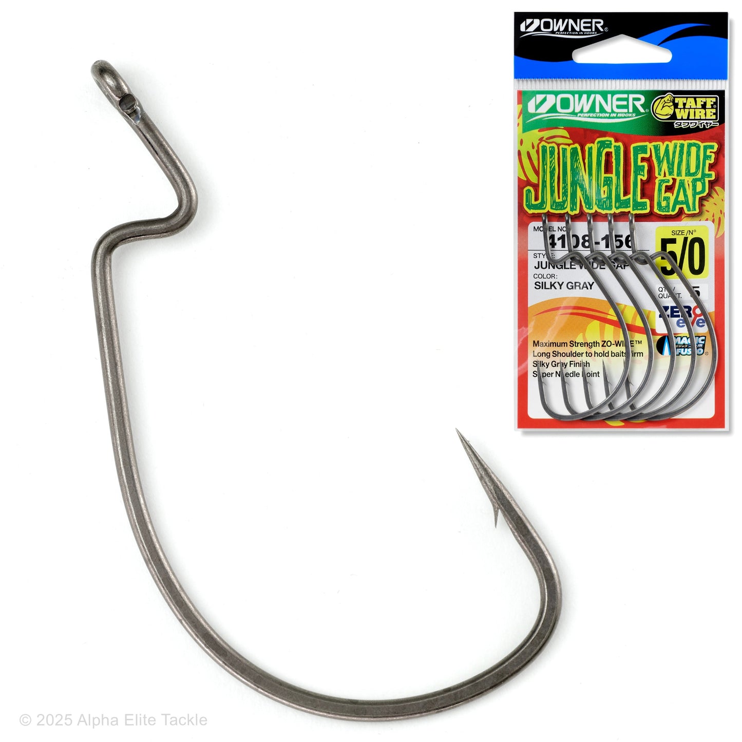 Close up of the Owner Jungle Wide Gap hook and it's packaging on a white background