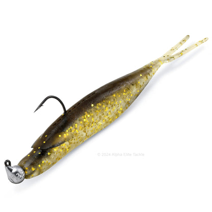 close up of one Owner cultiva range roller jig head with a deps sakamata shad on it on a white background