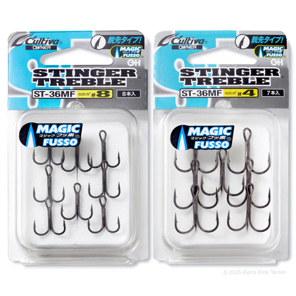 Two packages of Owner Cultiva ST36MF Stinger Treble fishing hooks with 'Magic Fusso' branding on a white background.