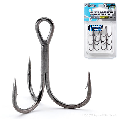 Close up of one Owner Cultiva ST36MF Coated Stinger Treble hook and it's packaging on a white background.