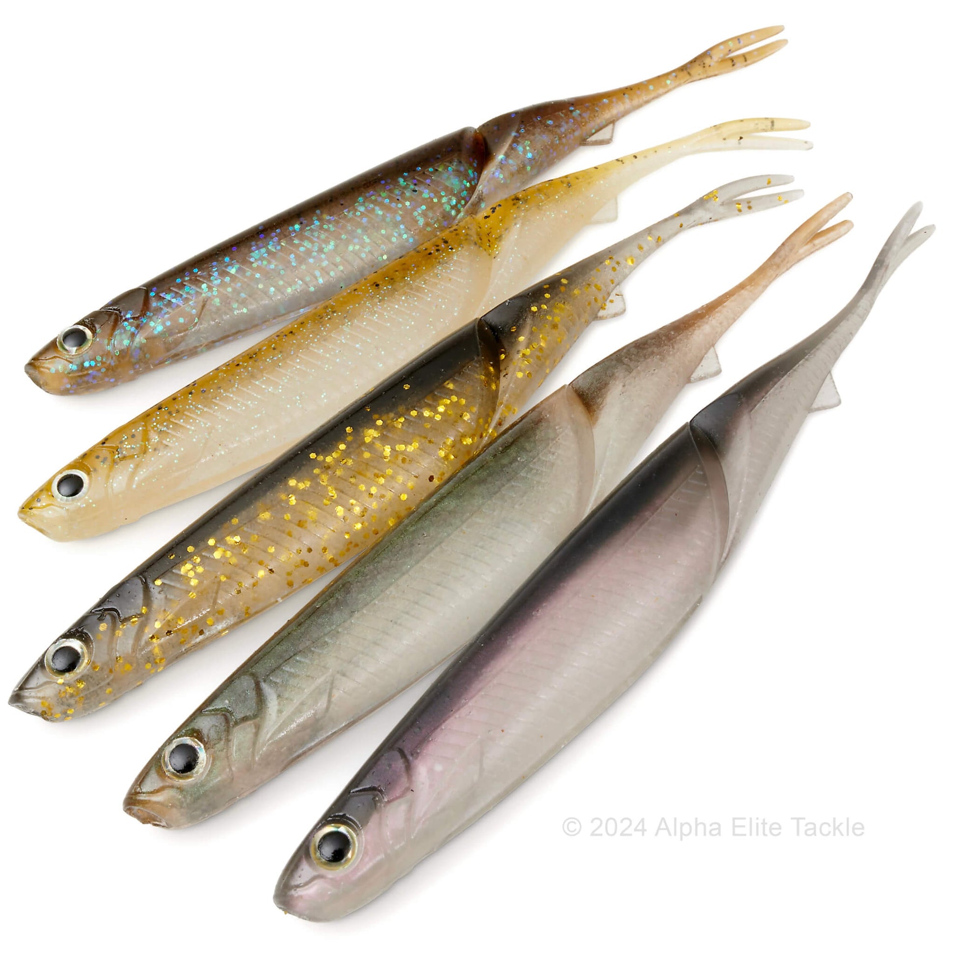 Color chart of the five Prize Sould Shad Strolling Minnows on white backgound