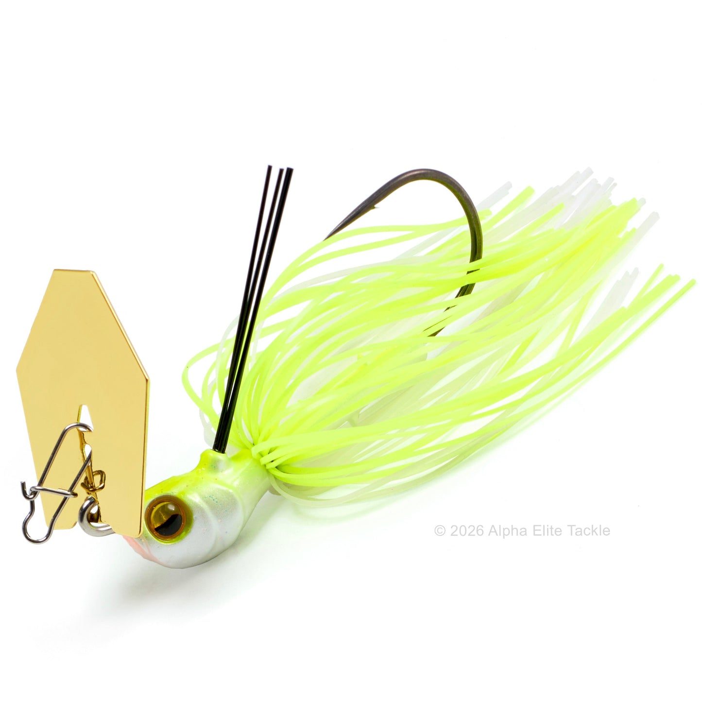 Fishing lure with a gold blade and bright yellow skirt on a white background