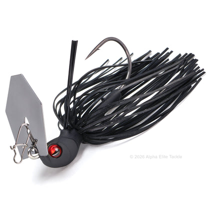 Black fishing lure with a red eye and silver blade on a white background