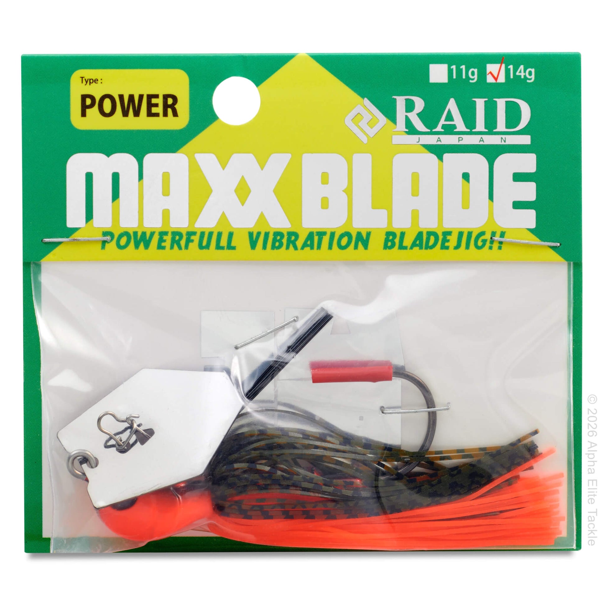 RAID Maxx Blade fishing lure packaging with green and yellow design