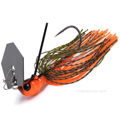 Fishing lure with orange and green details on a white background
