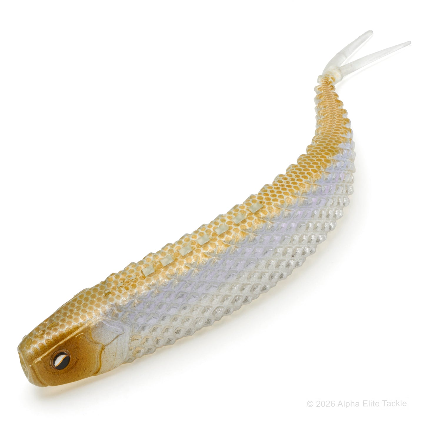 Fishing lure with gold, blue, silver pattern on a white background