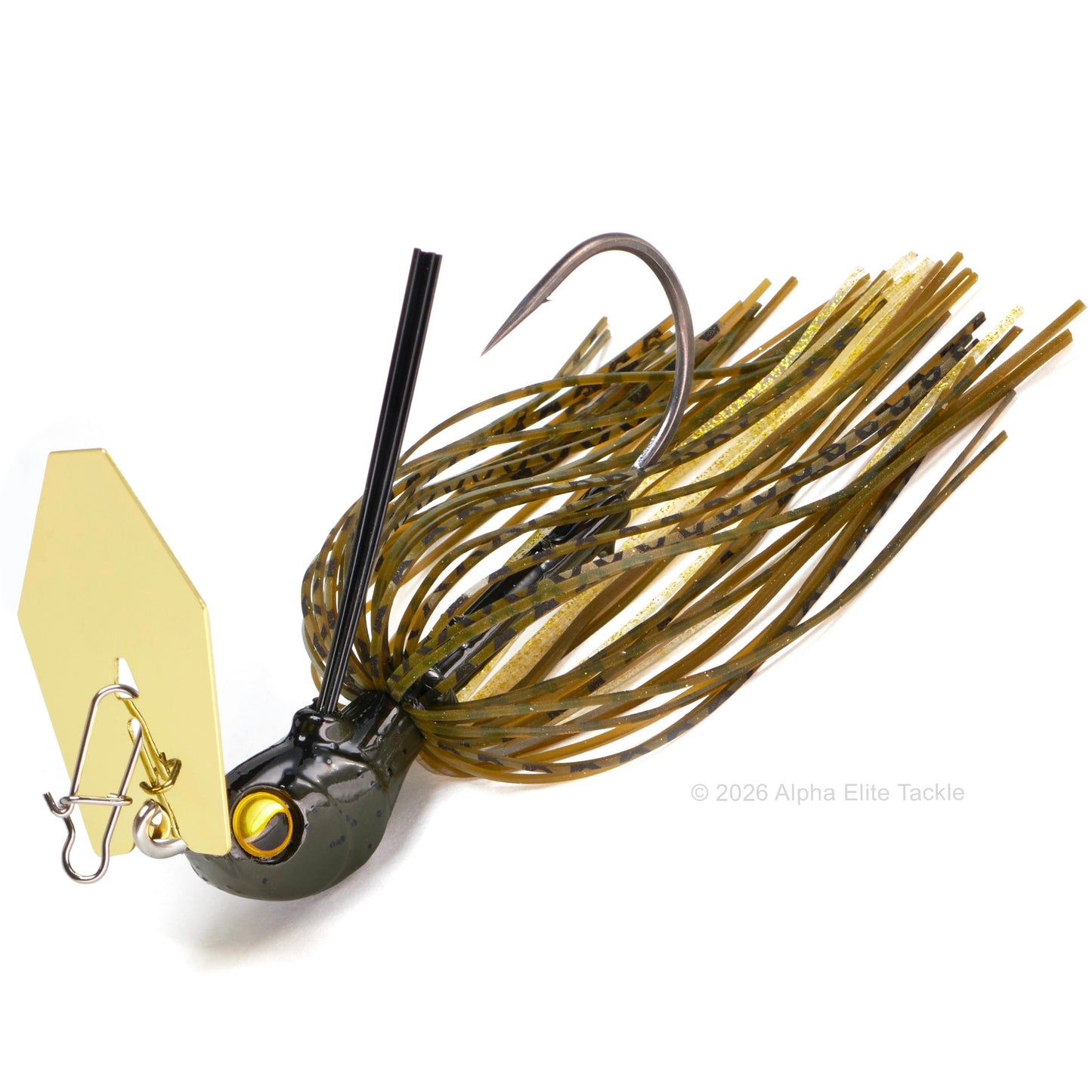 Fishing lure with a green pumpkin and gold color scheme on a white background