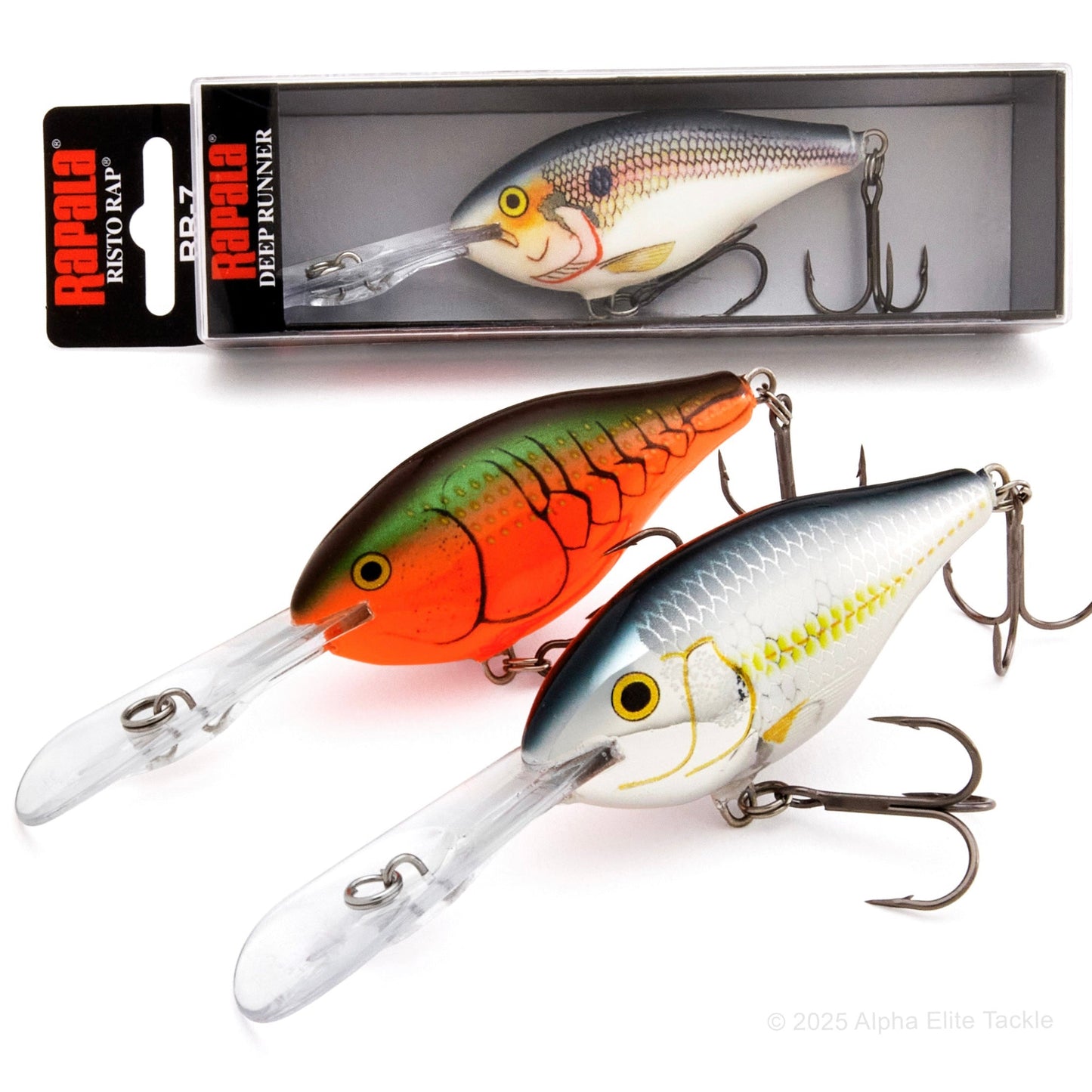 Two fishing lures with a packaging box labeled 'Rapala' on a white background.