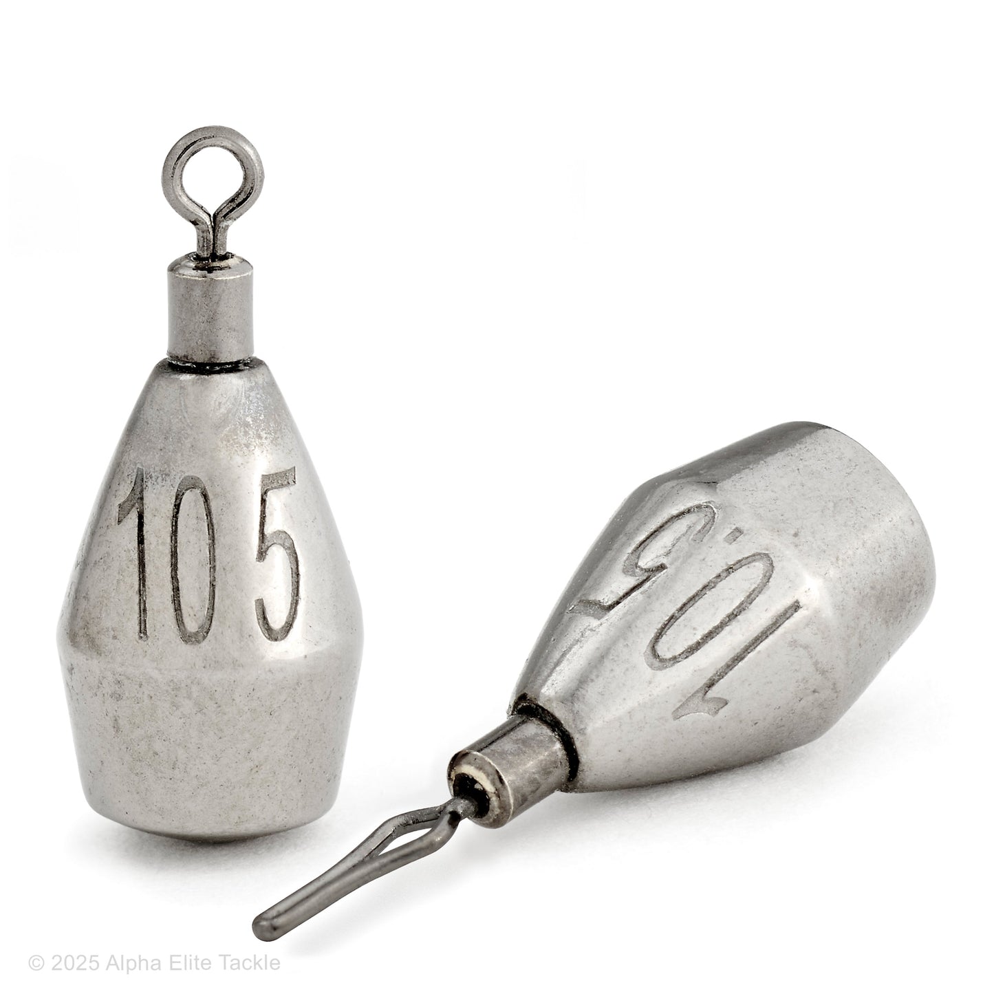 Two metal fishing sinkers with visible weight markings on a white background