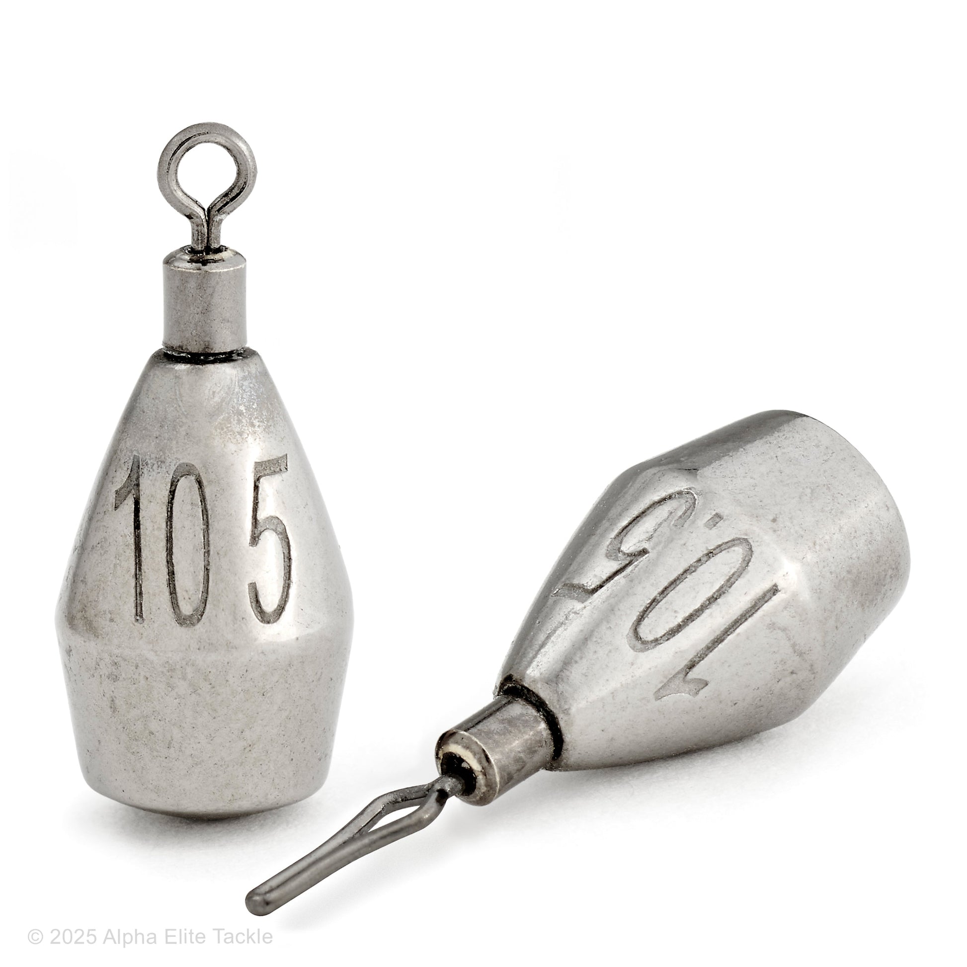 Two metal fishing sinkers with visible weight markings on a white background
