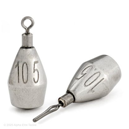 Two metal fishing sinkers with visible weight markings on a white background