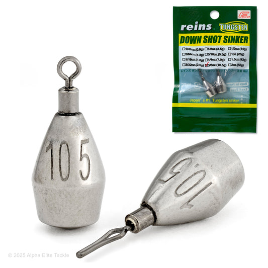 Two metal fishing sinkers with a Reins branded packaging on a white background