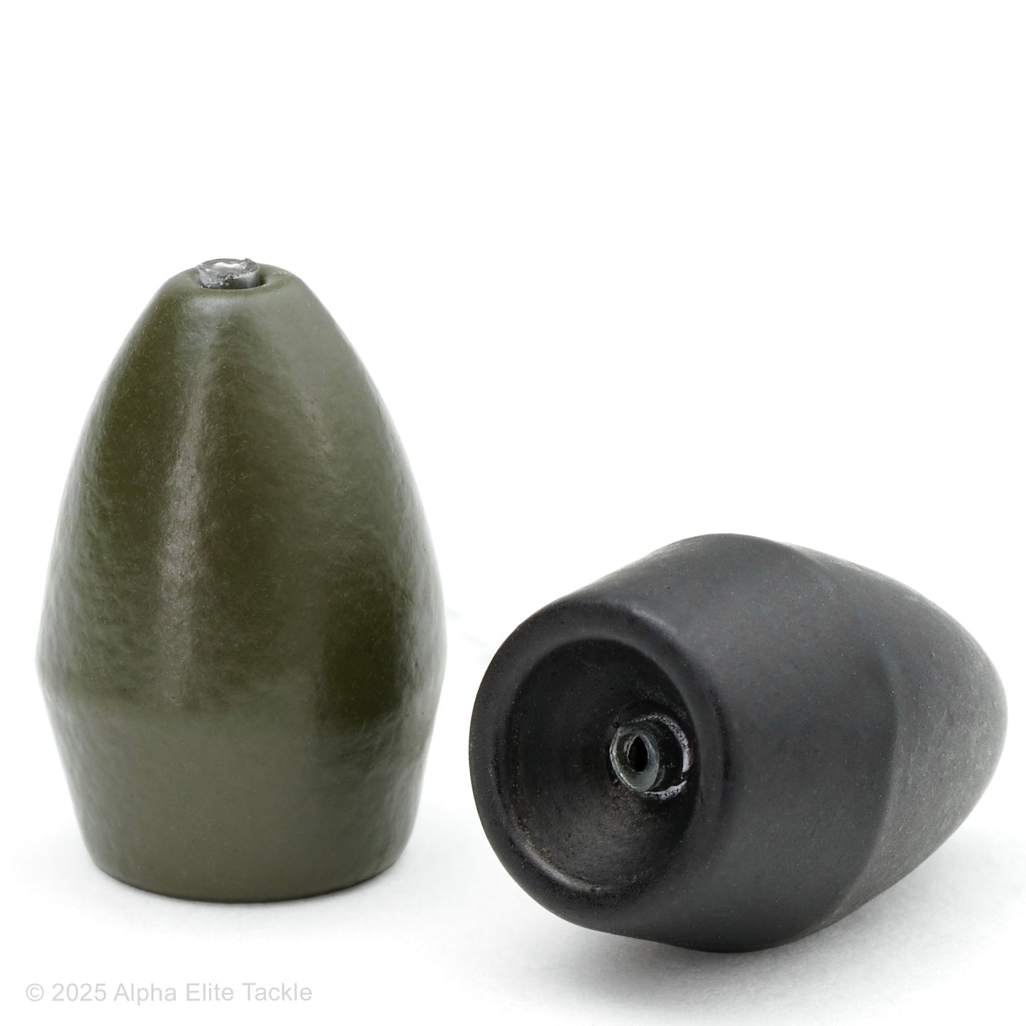 Close up of two Reins Tungsten Slip Sinker in Matte Green and Matte Black on a white background.