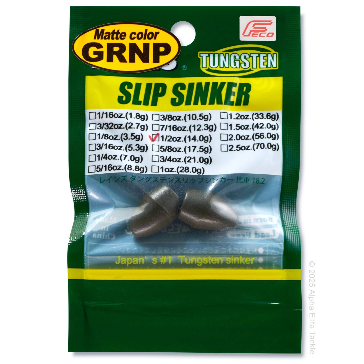 Packaging of Matte color Green Pumpkin Tungsten Slip Sinker with green and yellow design.
