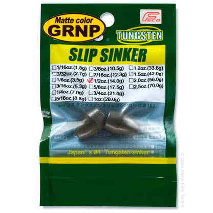 Packaging of Matte color Green Pumpkin Tungsten Slip Sinker with green and yellow design.