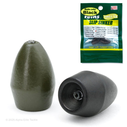 Close up of two Reins Tungsten Slip Sinker in Matte Green and Matte Black along with it's packaging on a white background.