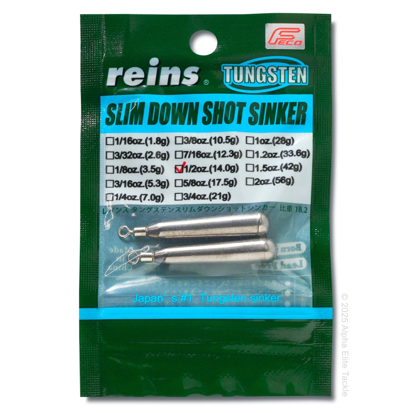 Packaging of reins Tungsten Slim Down Shot Sinker with product details