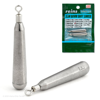 Close up of two reins slim down shot sinkers with packaging on a white background
