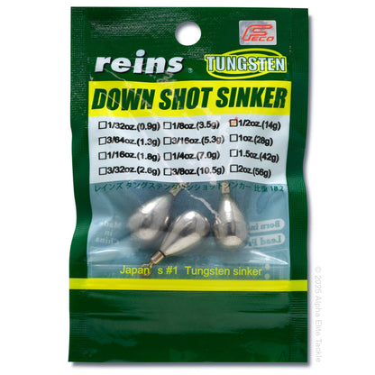 One package of reins heavyweight tungsten down shot sinker on a white background. 