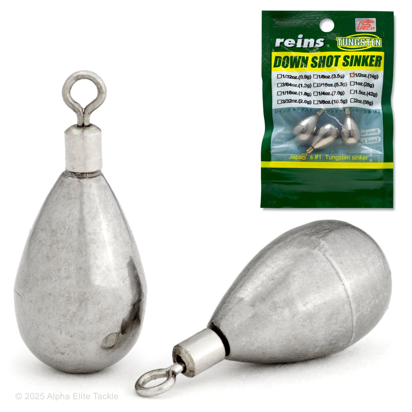 Close up of two reins heavyweight down shot sinkers and its packaging on a white background