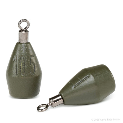 Two green pumpkin tungsten  fishing sinkers on a white background, one upright showing the number 10.5 and the other lying down showing the swivel and ring attachment.